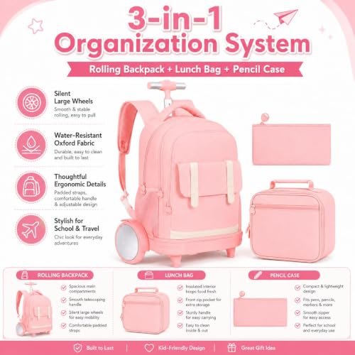 KLFVB Rolling Backpack for Women & Girls with Big Quiet-Glide Wheels, 3-in-1 Wheeled Commuter Set with Lunch Bag | Water-Resistant Roller Bookbag for Work, School, Travel - Pink - color: Girls Rolling Backpack with Big Wheels - Pink