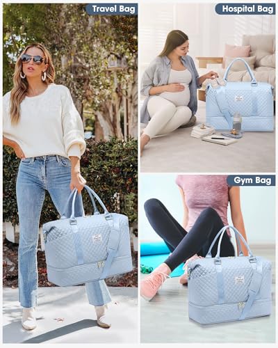 Travel Weekender Duffle Bag for Women: Overnight Bags with Shoe Compartment - color: 9-Light Blue, size: Large