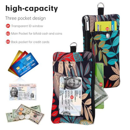 Small Lanyard Wallet with ID Window Minimalist Nylon Zipper Lanyard Pouch - color: Red Maple Leaves