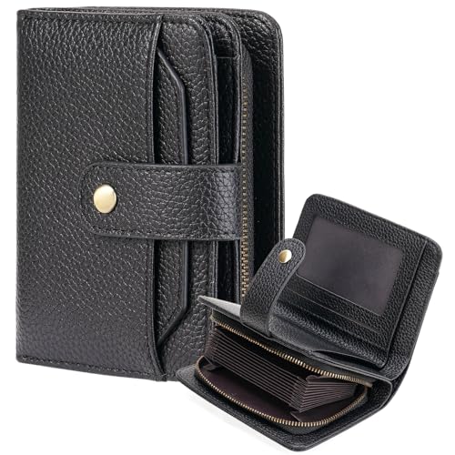 GAEKEAO Small Leather Credit Card Holder Wallets for Women RFID Blocking Bifold Wallet Zipper Pocket with Removable ID Window - color: Y-Black-Small