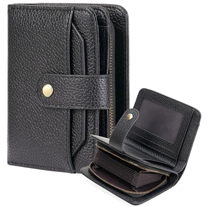 GAEKEAO Small Leather Credit Card Holder Wallets for Women RFID Blocking Bifold Wallet Zipper Pocket with Removable ID Window - color: Y-Black-Small