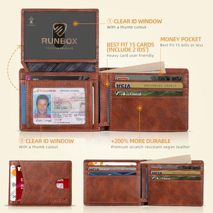 RUNBOX Wallet for Men -Slim Rfid Leather Mens Bifold Novelty Wallets 2 ID Window With Gift Box Men's Accessories - color: RETRO RED BROWN
