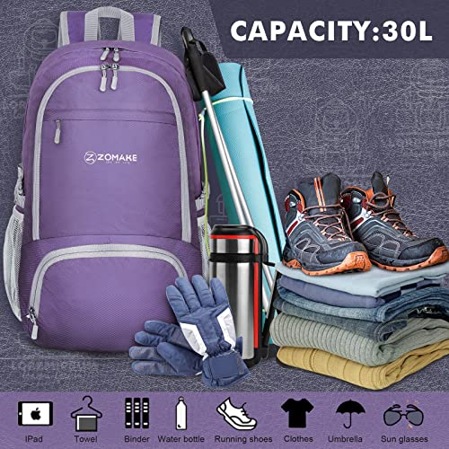 ZOMAKE Lightweight Packable Backpack 30L, Foldable Travel Hiking Daypack - color: Purple