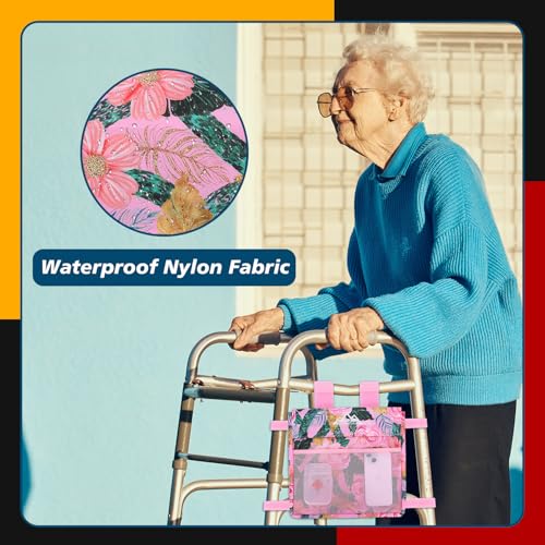 supregear Walker 사이드 백, 접이식 워커용 방수 액세서리 바스켓 파우치, 경량 핸즈프리 보관 캐리어 토트, 범용 사이즈 노인 캐디 부착물, 핑크 플로럴 - color: 핑크 플로럴.
