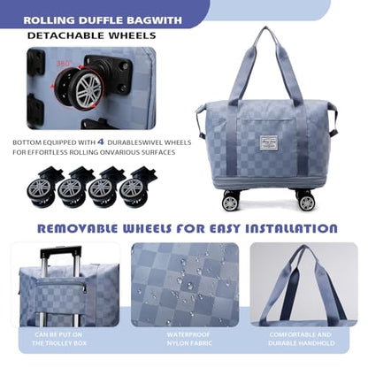 Rolling Duffle Bag with Wheels, 28-58L Expandable Foldable Travel Bag, Lightweight Carry-On Bag for Gym, Camping, Weekend Trips, Business Travel, Weekend Bag for Women & Men(Blue)
