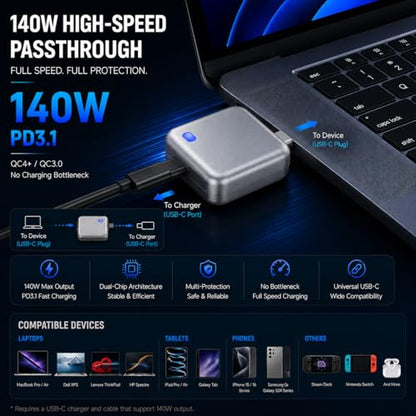 140W Smart Auto Stop Charging Adapter, USB-C Fast Charger with Physical Cut-Off, Automatic Power-Off Timer for Phone, Tablet & All USB Devices, Prevents Overcharging, Extends Battery Life