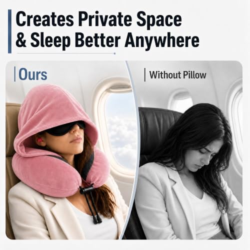 Travel Neck pillow for Airplane, with Large Hood Eye Mask Earplug and Bag - color: Pink