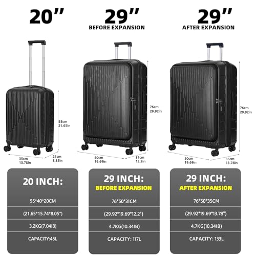 Kaleenie 2 PCS 20/29 Luggage Sets, 20” Cabin Luggage 29” Side Open Suitcase - color: Dark Black, size: 20/29 Set