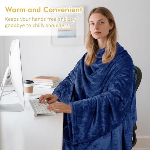 Catalonia Wearable Blanket with Sleeves & Foot Pocket for Adults - color: Navy, size: Fleece