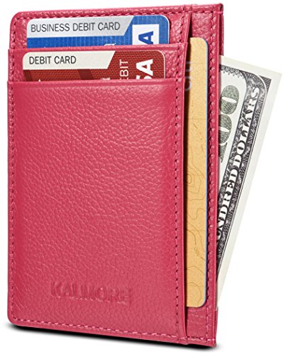 KALMORE womens Credit Holder Genuine Leather Slim Minimalist Card Case Wallet, Black With Id Window - color: Rose