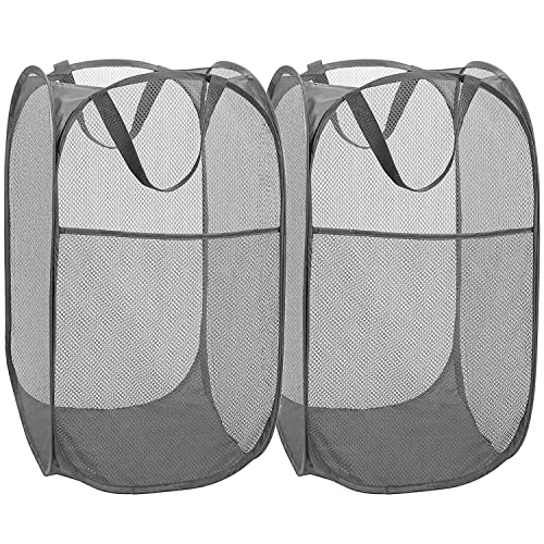 BATTOO Deluxe Strong Mesh Pop up Laundry Hamper Basket with Side Pocket for Laundry Room, Bathroom, Kids Room, College Dorm or Travel 2 x Grey - color: Grey+Grey