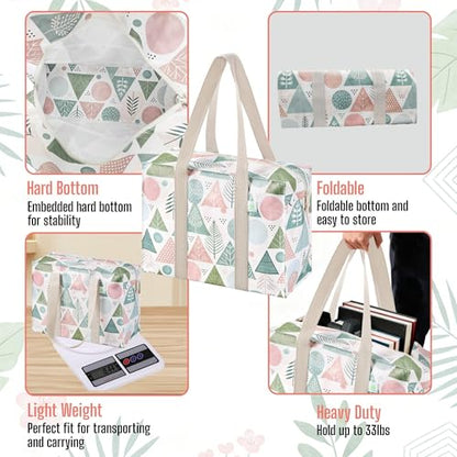 VENO 2 Pack Utility Tote Reusable Grocery Bags with Zipper & Hard Bottom - color: Pastel Forest, size: 2 Pack