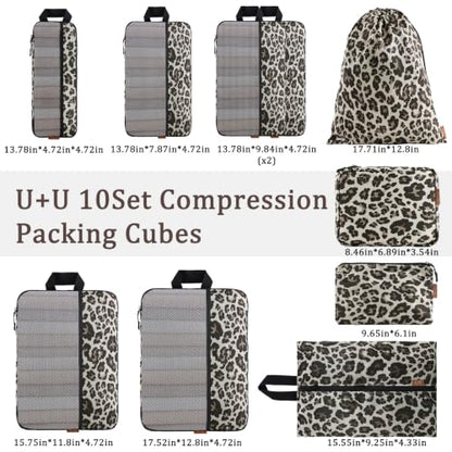 U+U 10 Set Compression Packing Cubes, Travel Organizers (Leopard) - color: Leopard-02, size: 10 Set