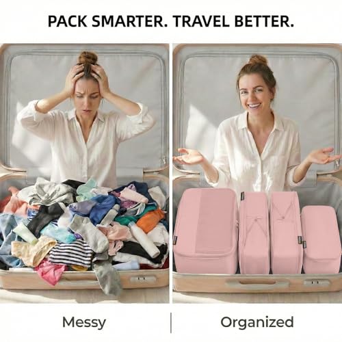 4 Piece Compression Packing Cubes for 3–7 Day Travel, Dusty Pink - color: Dusty Pink, size: 4 Pack