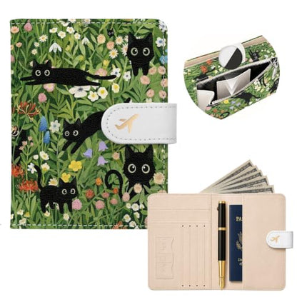 RFID Passport Holder with Tracker Slot, Leather Travel Wallet - color: Lawn Cats