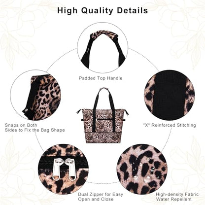 Expandable Duffel Bag for Women with Trolley Sleeve/Wet Pocket Weekender Travel Tote Large Carry On Overnight Luggage - color: Leopard