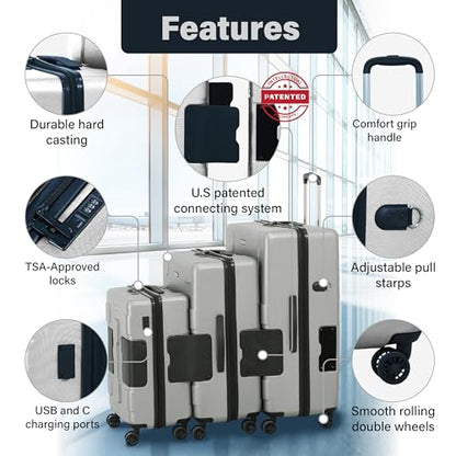 TACH Patented Connecting Hard Shell 3 Piece Luggage Set - 20, 24 & 28 inch Luggage | Carry-On, Medium & Large Rolling Suitcases - Silver - color: Silver, size: 3-Piece Set