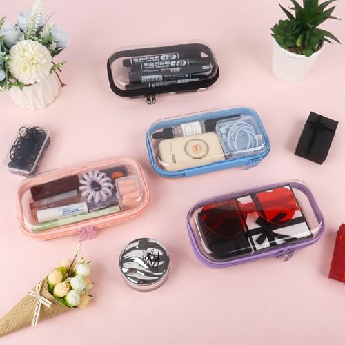 Klmnop 4 Pcs Clear Hard Shell Zipper Case, Hard Plastic Zipper Pouches Makeup Bag with Labels, Small Transparent Cases for Snacks, Makeup, Puzzles, Cosmetics(Multicolor,7.6 x 4.1 x 1.9 in)