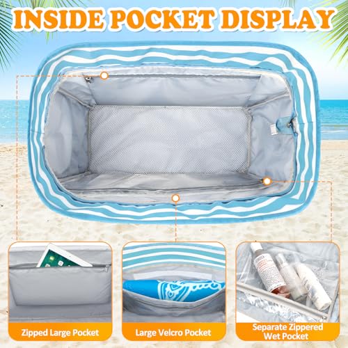 Large Beach Bag with Zipper, 12 Pockets Waterproof Sandproof Pool Bag Womens Mesh Beach Tote Bag for Travel Vacation - color: Light Blue White