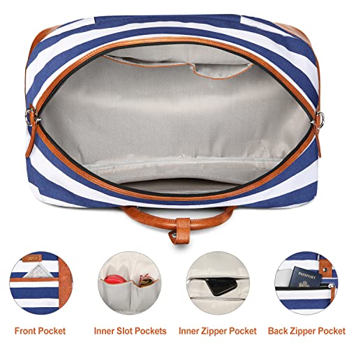 IBFUN Weekender Bags for Women, 3PCS Travel Set with Shoe Compartment 21.6 - color: A09-brown+blue & white stripes