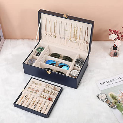 LANDICI 2-Layer Jewelry Box with 4 Watch Slots, Grey - color: Dark Blue
