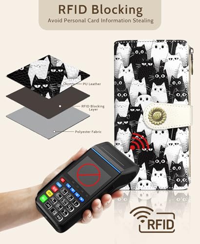 GIANCOMICS White Black Cat Womens Wallet RFID, Credit Card Holder Bifold - color: Black and White Cats