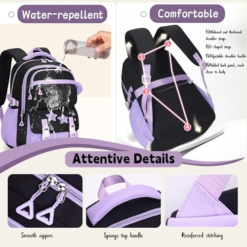 3Pcs Girls Backpack Set for Kids School Bag Bookbag with Star Pins - color: A008-3pcs Pink
