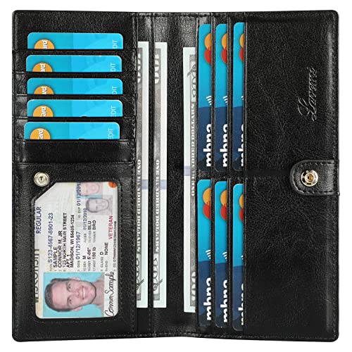 Lavemi Ultra Slim Thin Leather Women Wallet RFID Blocking Credit Card Holder Bifold Long Ladies Billfold - color: 1-waxed Black