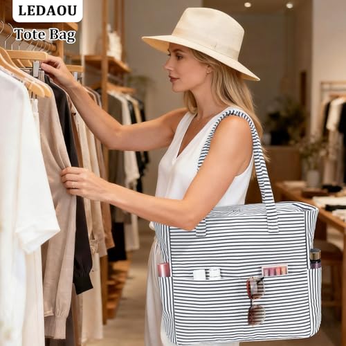 LEDAOU Beach Bag Waterproof Sandproof Women Beach Tote Pool Bag with Zipper for Swim Gym Grocery Travel with Wet Pocket - color: Light Black White