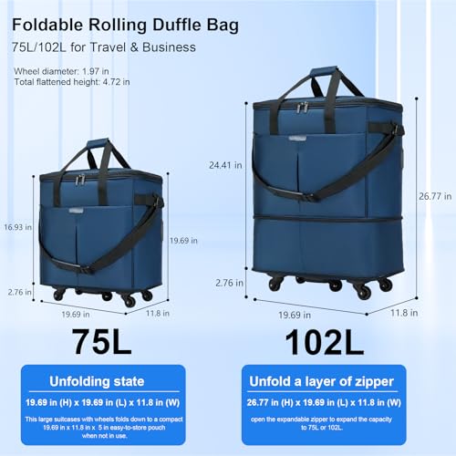 Large Capacity Rolling Duffle Bag,Expandable Foldable Suitcase for Travel,Collapsible Luggage Duffel Overnight Weekend Bags without Telescoping Handle - color: Blue