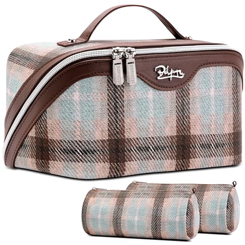 BOYATU Travel Makeup Bag for Women: 3 Pcs Set Scottish Plaid Make up Bag - color: E-3-Beige