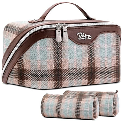BOYATU Travel Makeup Bag for Women: 3 Pcs Set Scottish Plaid Make up Bag - color: E-3-Beige