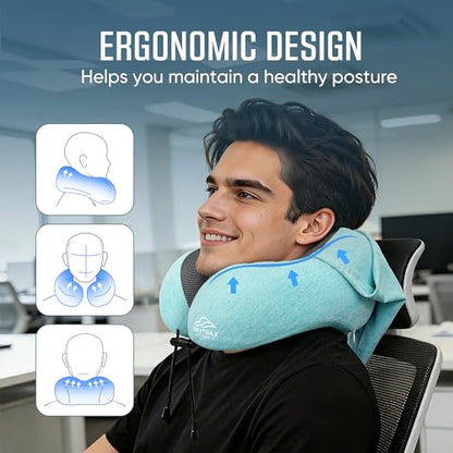 SkytraxComf® Travel Neck Pillow with Hood for Privacy on Long Flights - color: Mint Blue