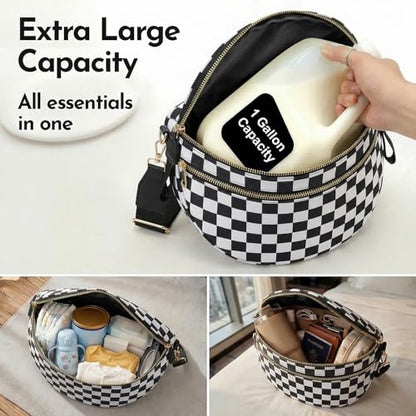 Checkerboard Crossbody Bag for Women, Expandable Plaid Belt Bag Nylon Fanny Pack with Multiple Pockets - color: Black White Checkered