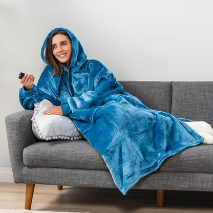 PAVILIA Blanket Hoodie for Women Teal, Sherpa Wearable Blanket Men, Cozy Oversized Sweatshirt Blanket, Warm Fleece Hooded Blanket Sweater with Sleeves and Giant Pocket, Adult Long, Teal Blue - color: Teal Blue