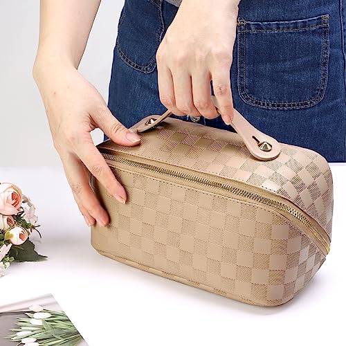 ALEXTINA Travel Makeup Bag, Checkered PU Leather Cosmetic Bag, Khaki - color: khaki, size: Medium