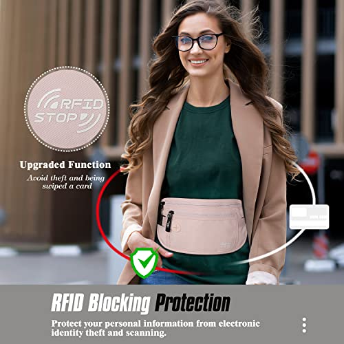 MoKo Travel Money Belt with RFID Blocking, 3 Pockets, Pink - color: Pink, size: Waist for 28"-50"