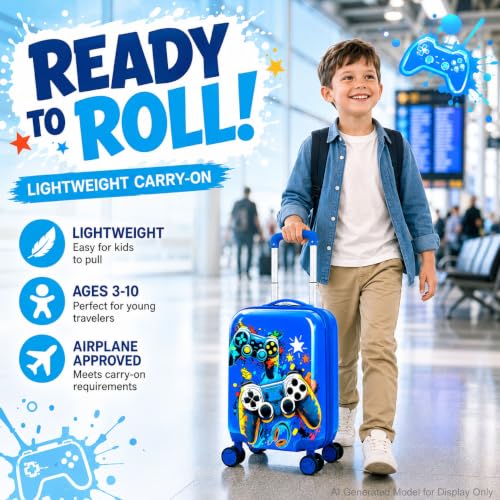 Boys Suitcase, Lightweight Hardshell Spinner Kids Luggage Set 2PCS with Wheels - Airplane Approved Carry-On for Children Ages 3-10, Energetic Game Rolling Suitcases for Elementary Toddler Travel - color: Blue Fun Game Luggage 2PCS Set