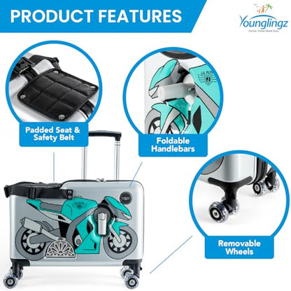 Younglingz LIL FLYER GO Version 2 Ride On Suitcase for Kids | Carry On Luggage with Toddler Seat, Foldable Handlebars, Pedals, and Removable Wheels | Holds up to 80 lbs | Green Motorcycle | Ages 2-6 - color: Green Motorcycle V2