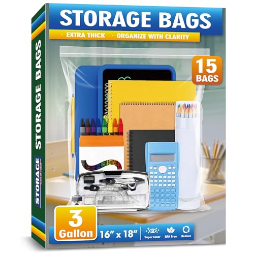 Large 3 Gallon Zippered Plastic Bags for Storage - size: 3 gal-15 pack