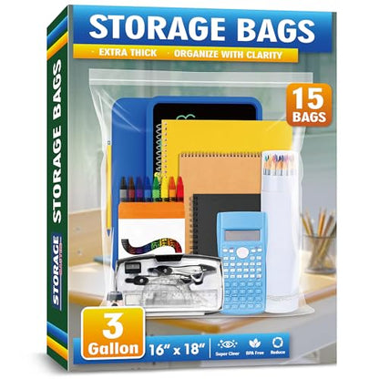 Large 3 Gallon Zippered Plastic Bags for Storage - size: 3 gal-15 pack