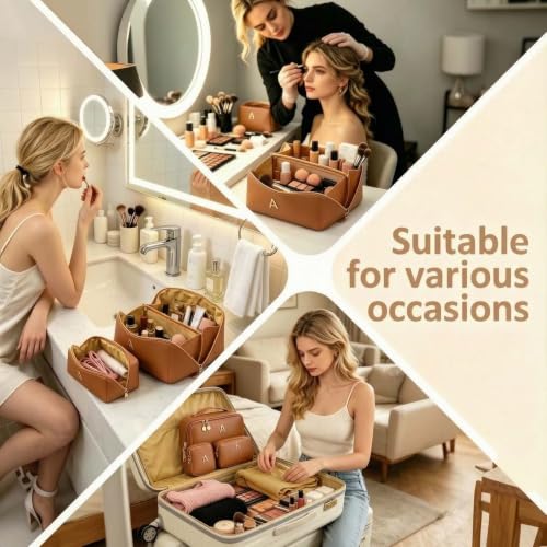Personalized Initial Make Up Bag for Women Teen Girls Toiletry Organizer - color: Brown