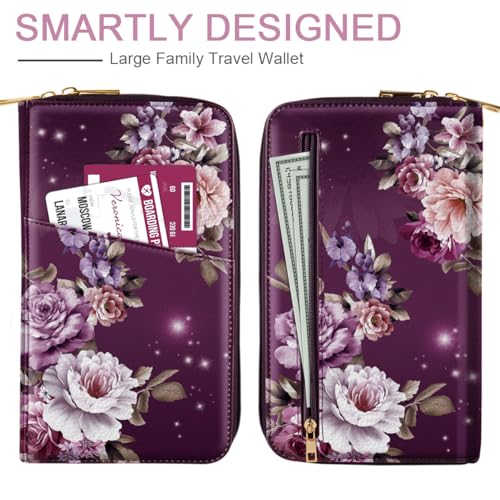 Family Passport Holder Wallet RFID Blocking Document Organizer - color: Purple Flowers