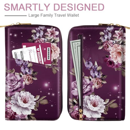 Family Passport Holder Wallet RFID Blocking Document Organizer - color: Purple Flowers