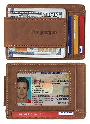 Toughergun Slim Wallet for Men RFID Blocking Money Clip, Minimalist Front Pocket Credit Card Holder, Magnetic Thin Mens Wallets with ID Window - color: Deep Brown