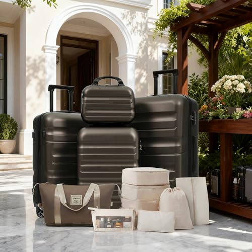 Merax Luggage Set 13 Piece, Hardshell ABS Suitcases with 8 Silent Spinner Wheels, Durable and Lightweight Travel Luggage for Family Trips - color: Brown, style: 13-piece Set