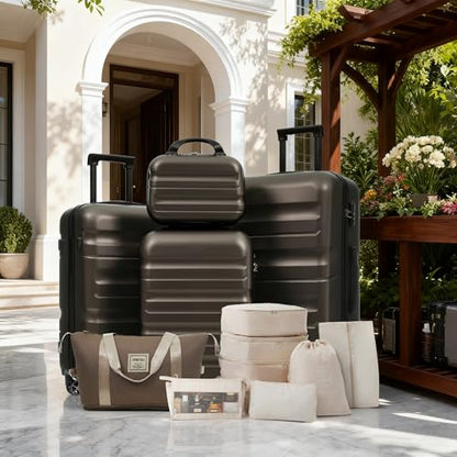 Merax Luggage Set 13 Piece, Hardshell ABS Suitcases with 8 Silent Spinner Wheels, Durable and Lightweight Travel Luggage for Family Trips - color: Brown, style: 13-piece Set