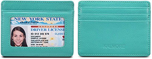 KALMORE womens Credit Holder Genuine Leather Slim Minimalist Card Case Wallet, Black With Id Window - color: Light Blue With Id window