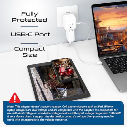 Ceptics European Plug Adapter, Safe USB-C 30W PD & QC 3.0-2 USA Socket - Compact & Powerful - Use in Greece, Italy, Switzerland, Turkey, Portugal - Includes Type C Swadapt Attachment - style: Type C - 30W USB-C
