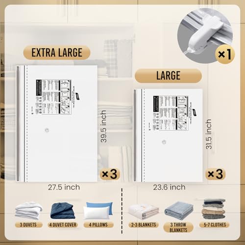TAILI 6 Pack Vacuum Storage Bags, 2 Size Combo(3 Large+3 Jumbo), Clear - size: 6 Combo